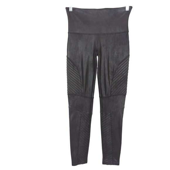 Spanx Faux Leather Moto Black Leggings Size Large Edgy Pull on - Picture 2 of 16